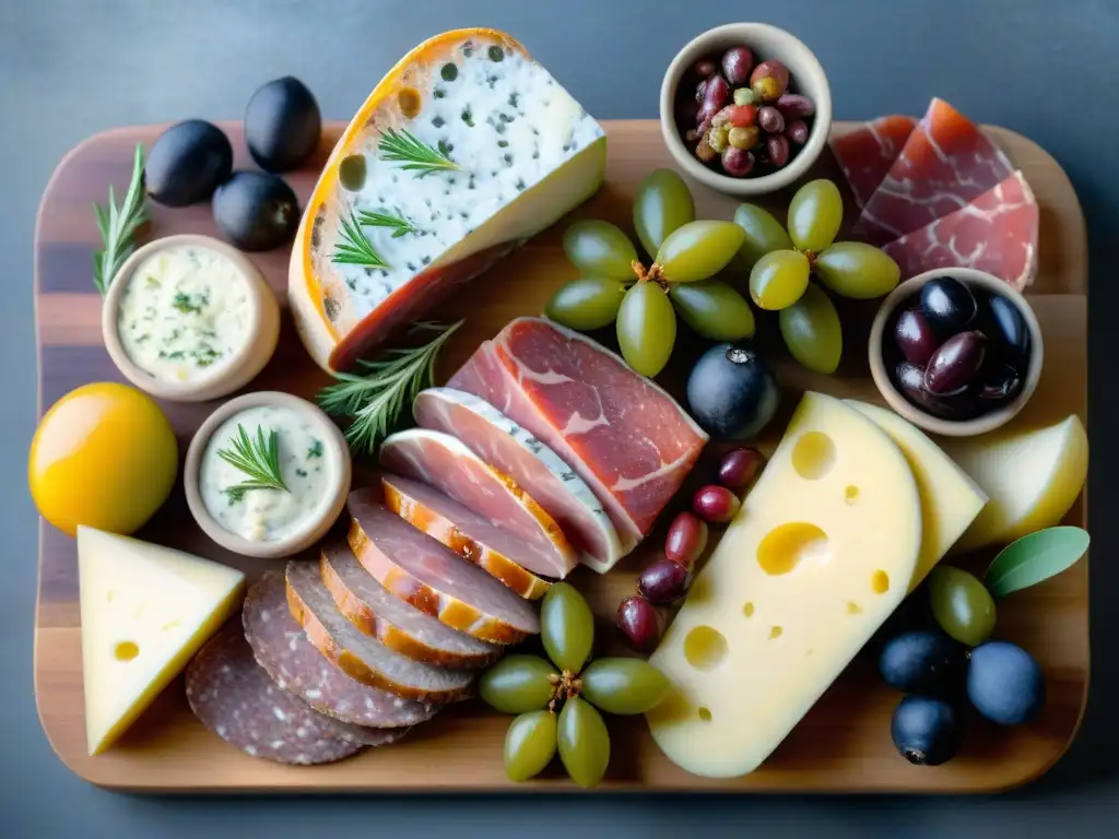 Una exquisita charcutería francesa: guía completa de sabores y colores en un tablero de madera rústico