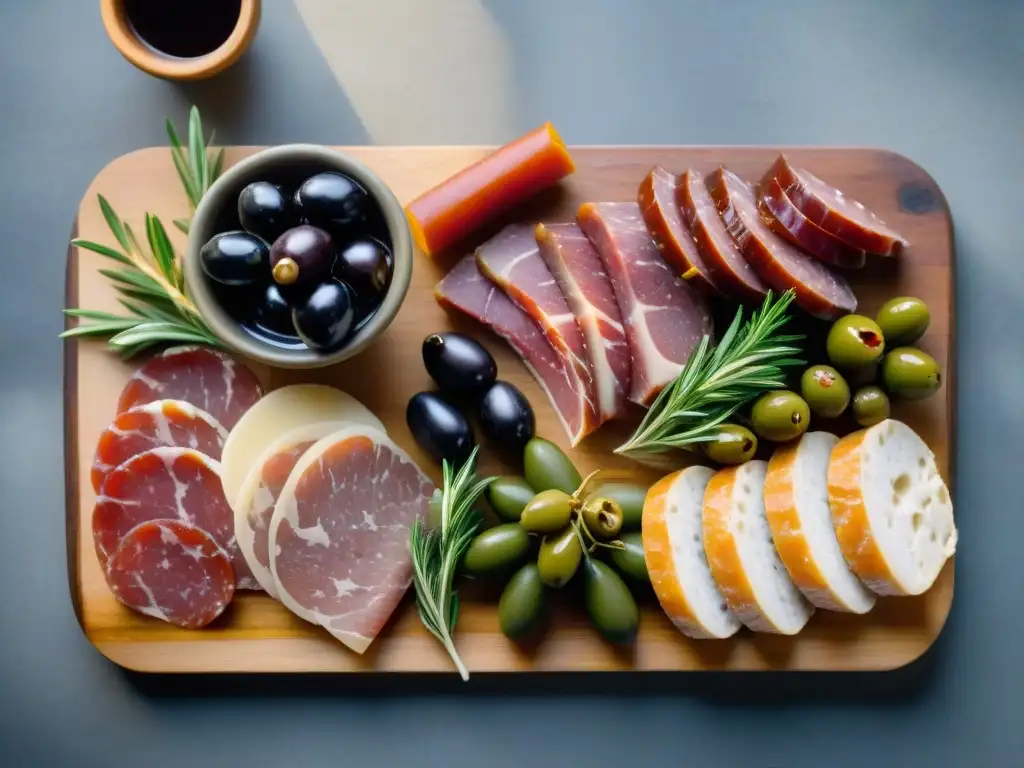 Una exquisita charcutería de RódanoAlpes tradicional, con una variedad de embutidos y patés elegantemente presentados en una tabla rústica