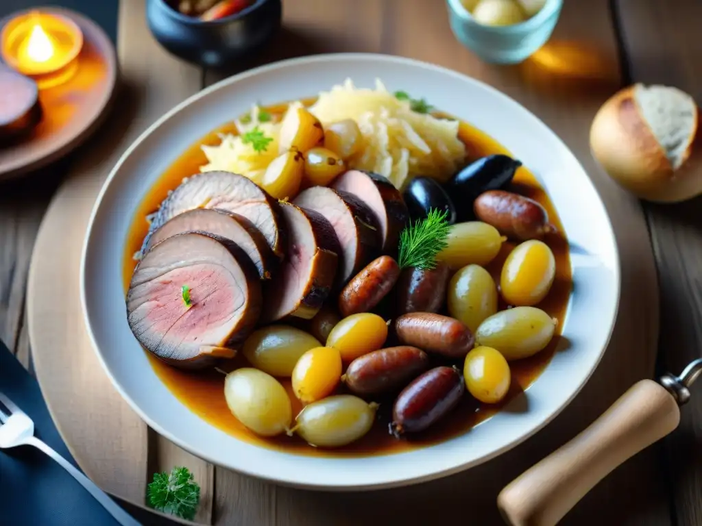 Una exquisita Choucroute Garnie, plato tradicional alsaciano, destaca en mesa rústica