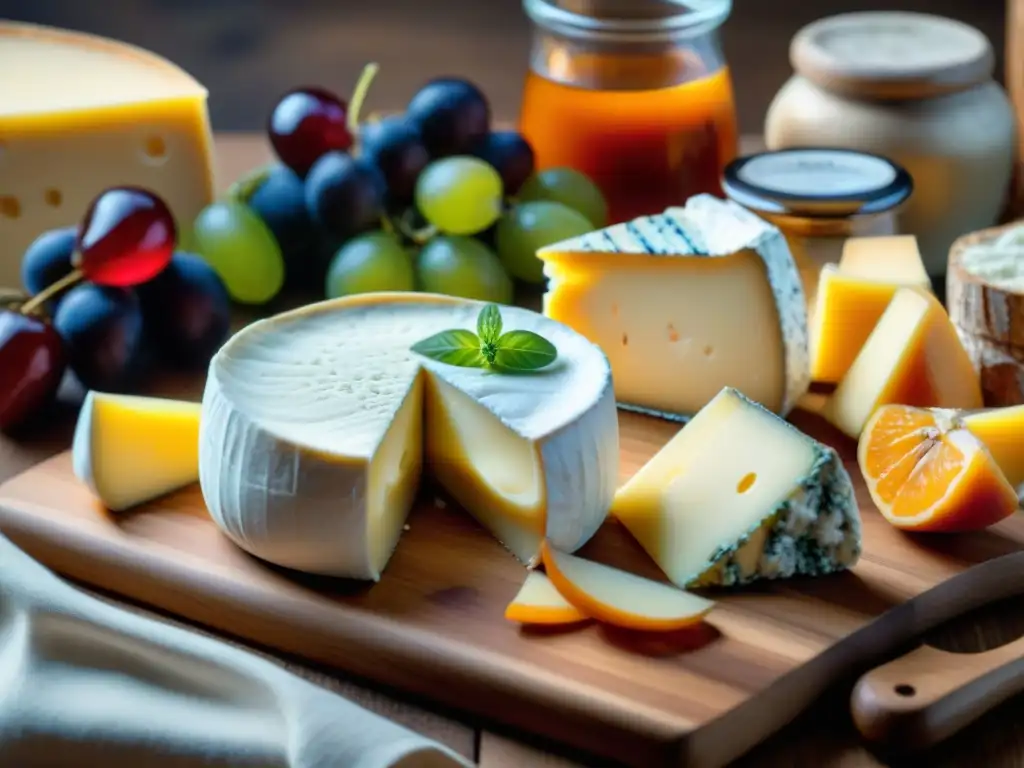 Una exquisita combinación de quesos franceses, mermeladas y miel en una tabla de madera detallada