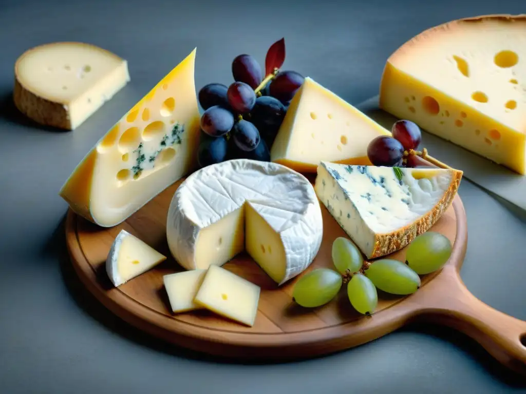 Una exquisita comparativa de sabores quesos franceses: Livarot, Camembert, Roquefort y Brie, acompañados de uvas, higos y galletas artesanales