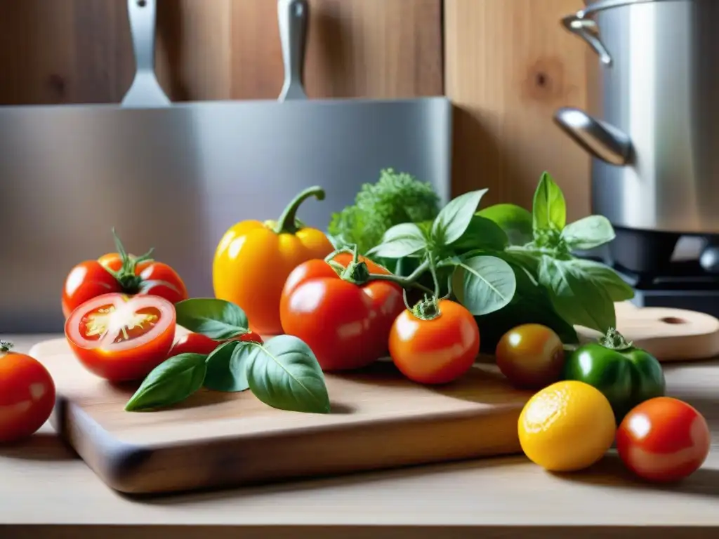 Una exquisita composición de ingredientes frescos en una cocina profesional, transmitiendo la autenticidad y colores vibrantes de la cocina francesa