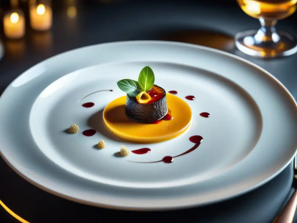 Una exquisita creación culinaria en un restaurante Estrella Michelin de Francia, con detalles vibrantes y elegancia en cada plato