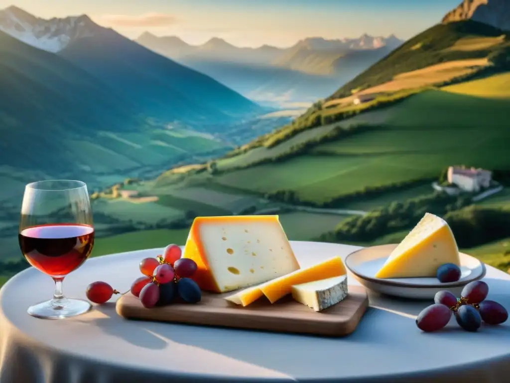 Exquisita degustación de quesos franceses en los Pirineos al atardecer