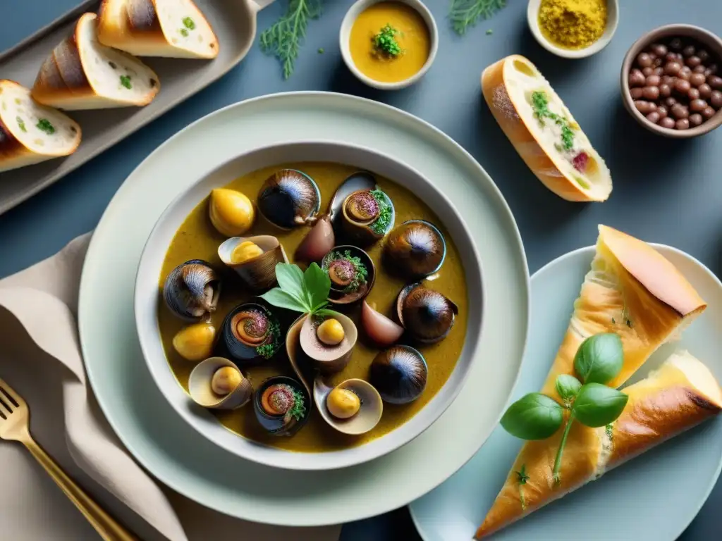 Una exquisita y detallada presentación de platos franceses tradicionales, realzada por la historia de la mostaza Dijon en la gastronomía francesa