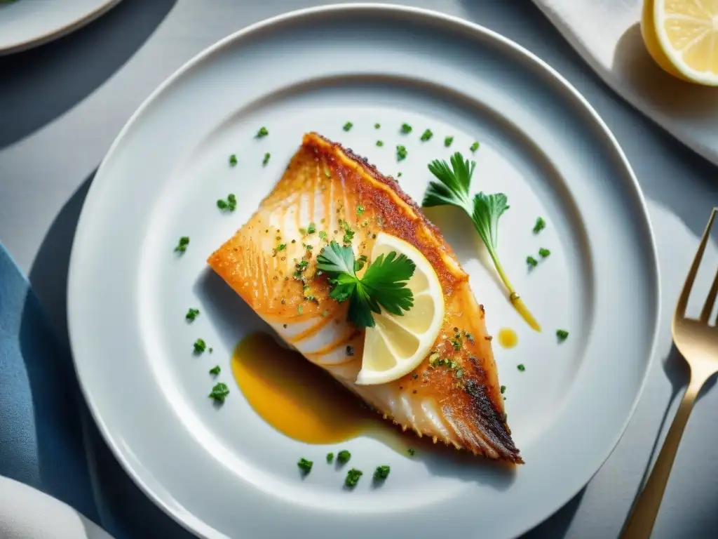 Una exquisita Sole Meunière dorada y jugosa en un elegante plato blanco, acompañada de perejil fresco y limón, sobre mantel de lino