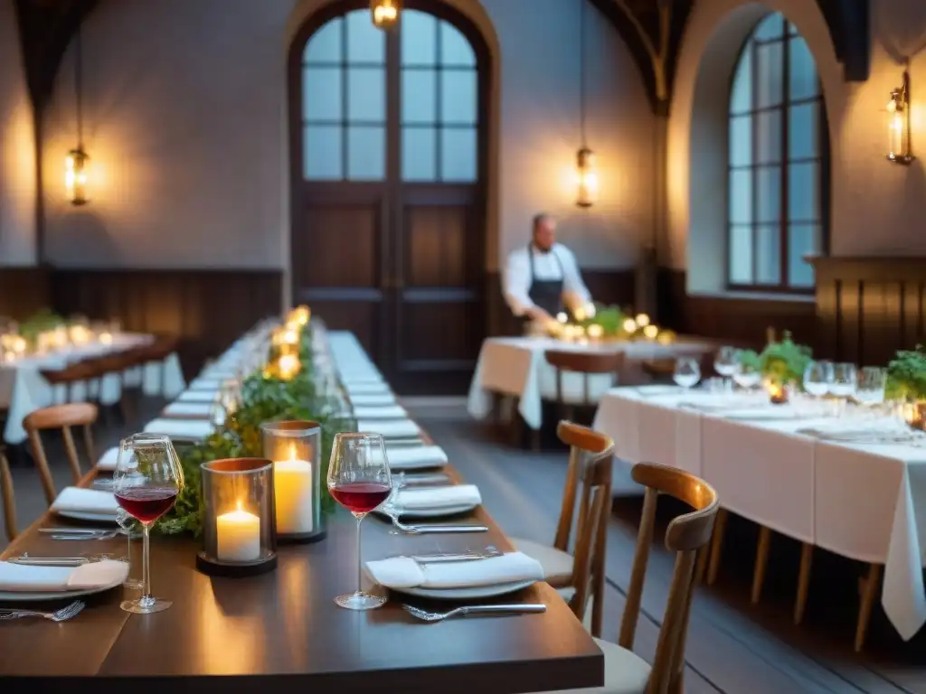 Exquisita escena en un bistró francés iluminado con velas, mostrando chefs, comensales y platos de alta cocina