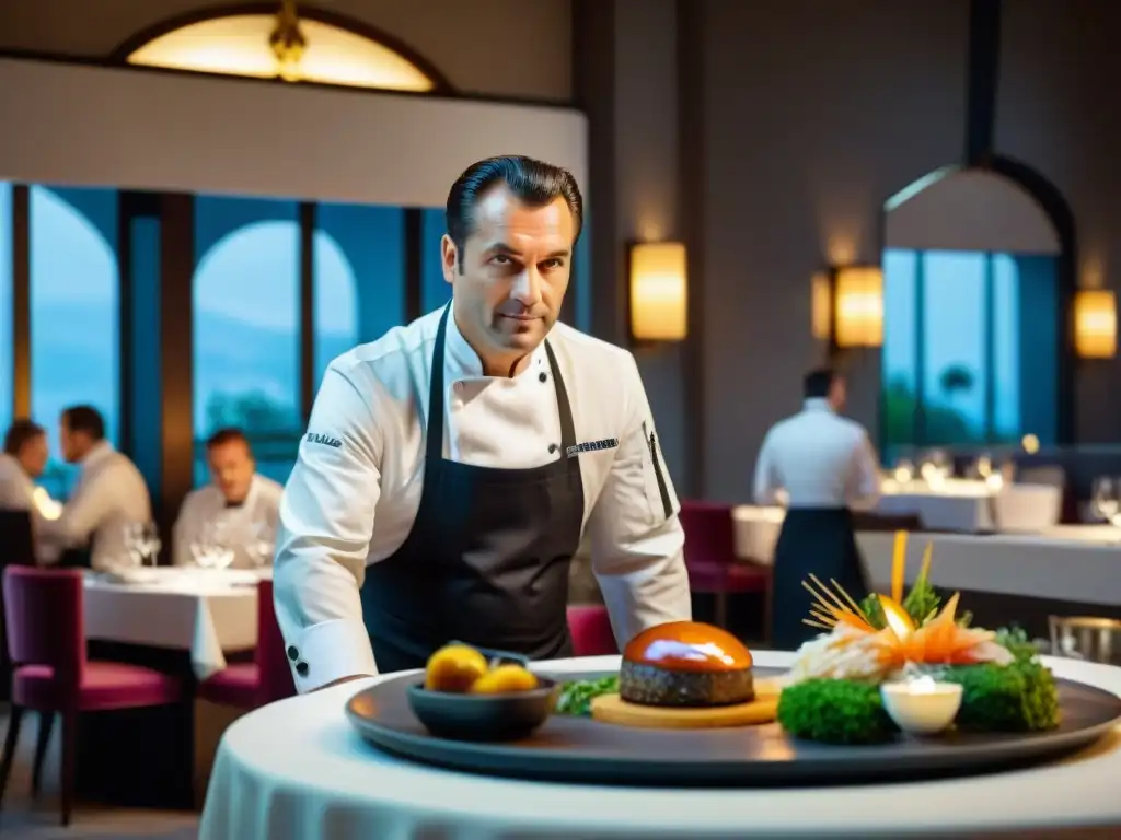 Exquisita escena de un restaurante Estrella Michelin en Francia durante el servicio nocturno