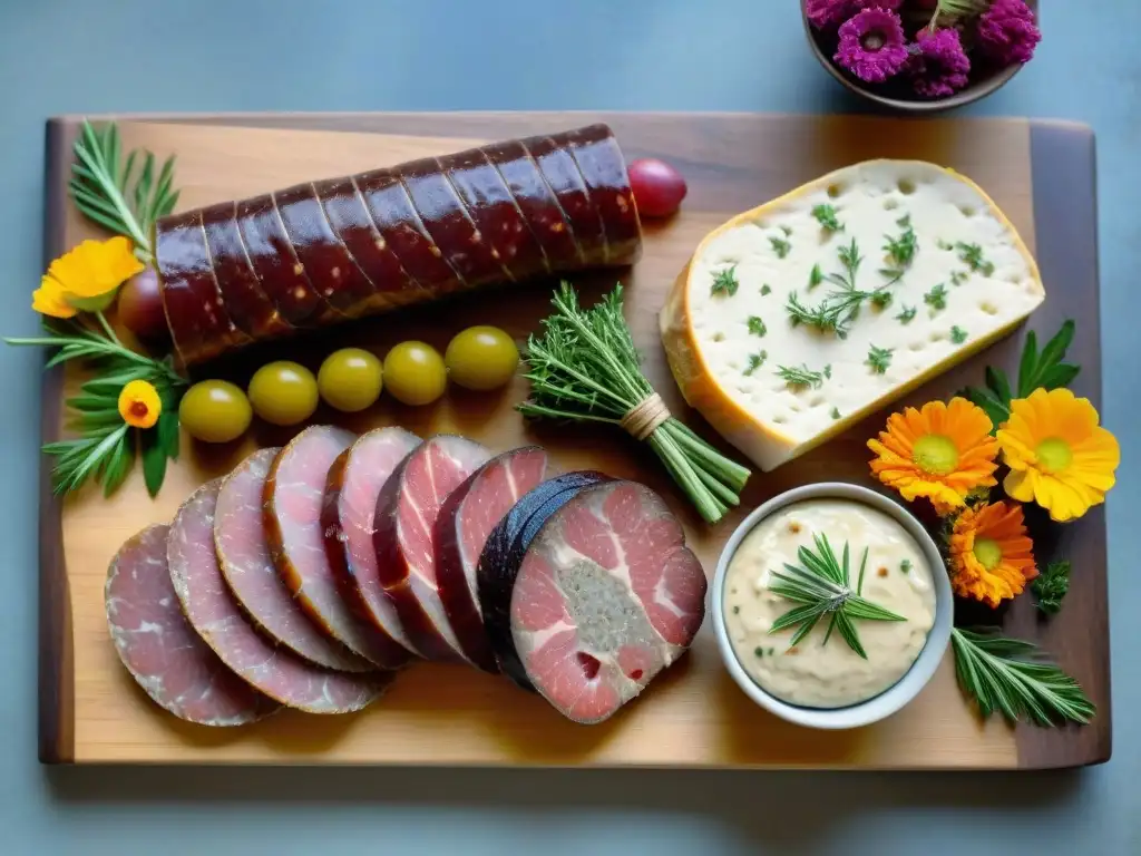 Una exquisita exhibición de charcutería francesa con saucisson, pâté, jambon de Bayonne y terrinas, adornadas con hierbas frescas y flores comestibles