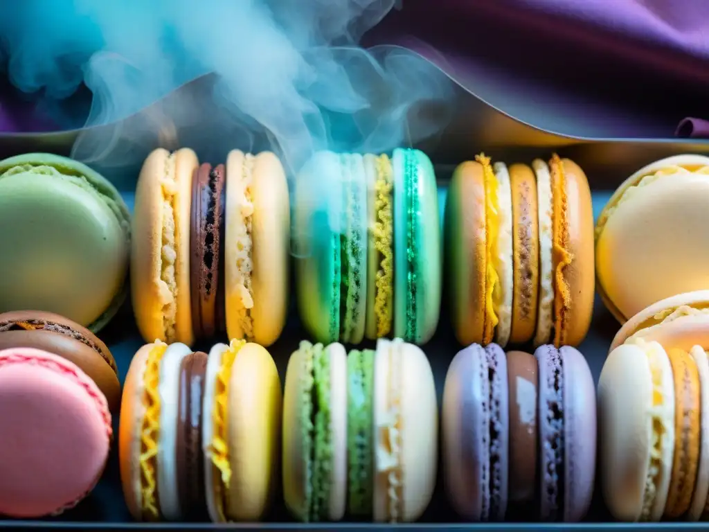 Una exquisita exhibición de macarons franceses con combinaciones innovadoras y colores vibrantes en una tradicional pastelería francesa