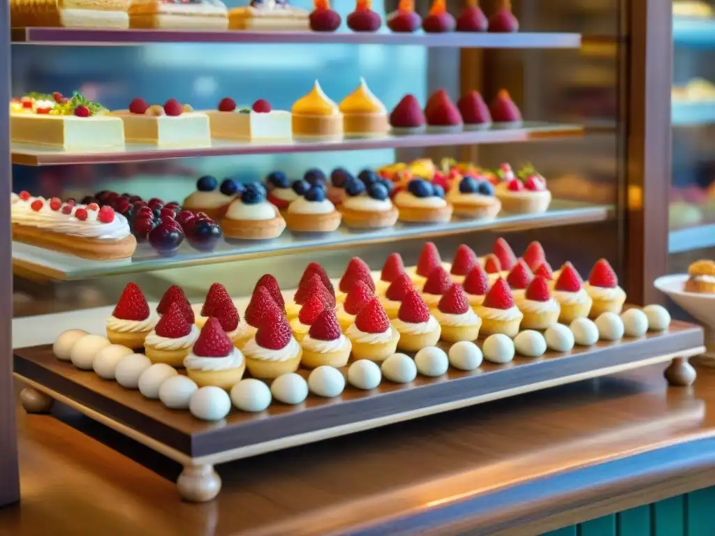 Una exquisita exhibición de repostería francesa con pequeñas frutas rojas, destacando la auténtica gastronomía francesa