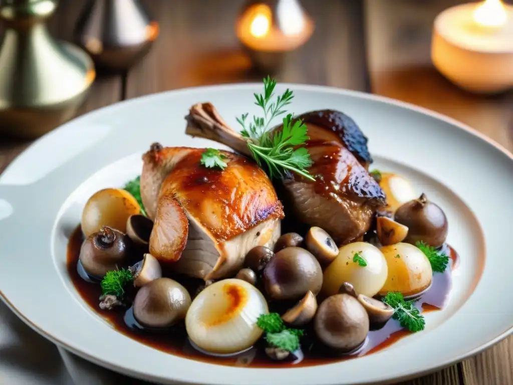 Una exquisita experiencia culinaria en restaurantes franceses: coq au vin con pollo tierno en salsa de vino tinto