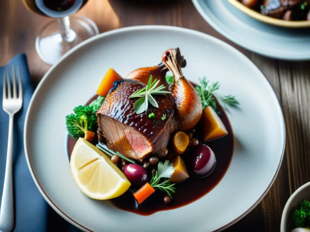 Una exquisita Fotografía gastronomía francesa influencia cultural de Coq au Vin: salsa roja brillante, hierbas frescas, ambiente bistró íntimo