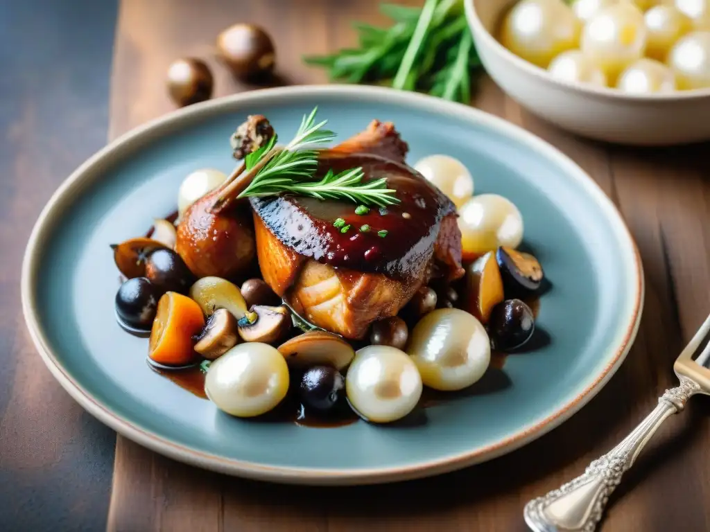 Una exquisita Fotografía gastronomía francesa innovadora de un Coq au Vin perfectamente decorado, con salsa de vino tinto brillante y piezas tiernas de pollo