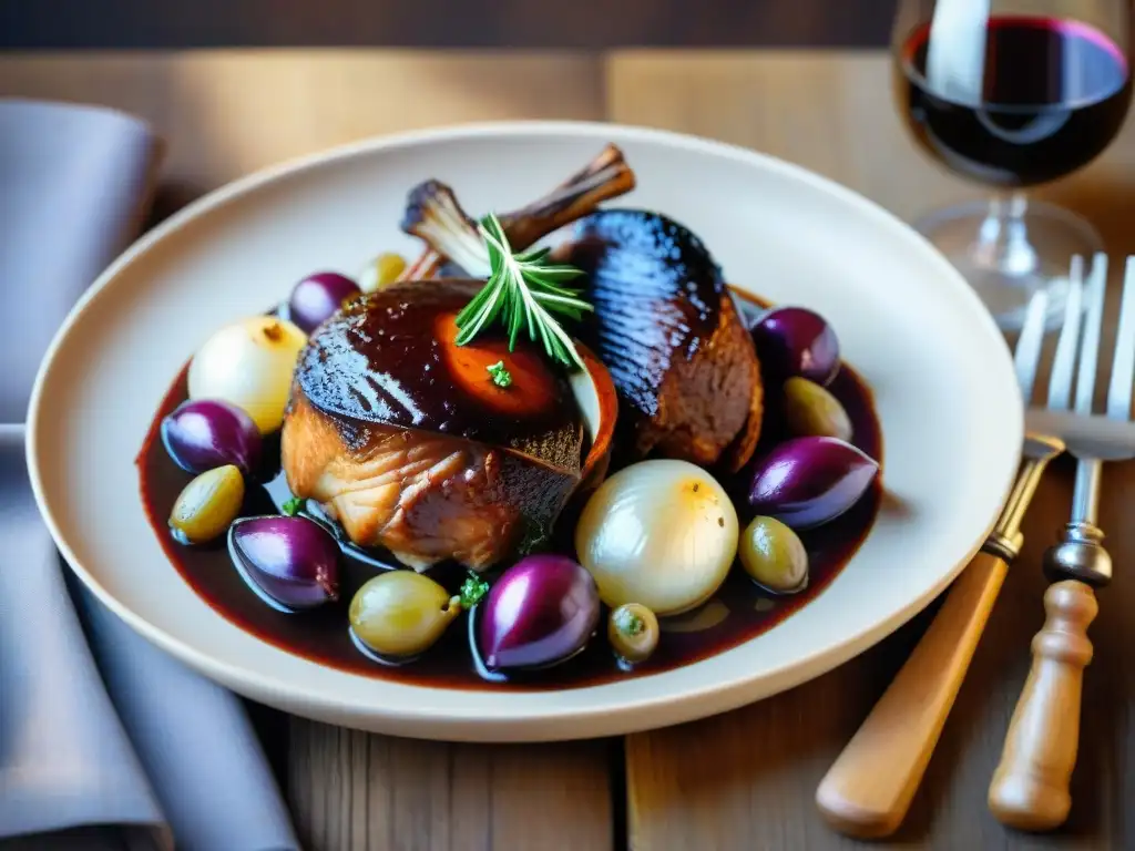 Una exquisita fotografía gastronomía francesa tradicional: coq au vin perfectamente elaborado con detalle y elegancia en una mesa rústica de madera