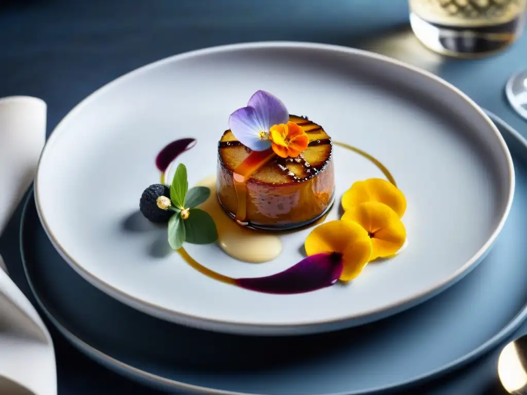 Una exquisita fusión culinaria con foie gras sellado y glaseado de miso, acompañado de champagne en un elegante entorno