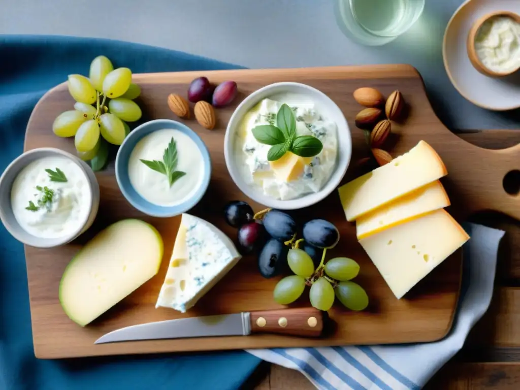 Una exquisita fusión francoárabe en lácteos: tabla de quesos franceses y bandeja de yogur medio oriental en mesa de madera rústica