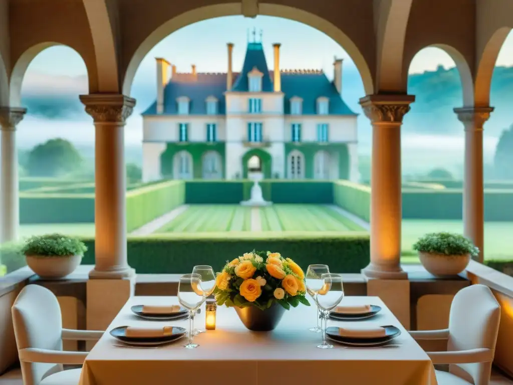 Exquisita gastronomía francesa en château francés con luces de hadas y flores vibrantes