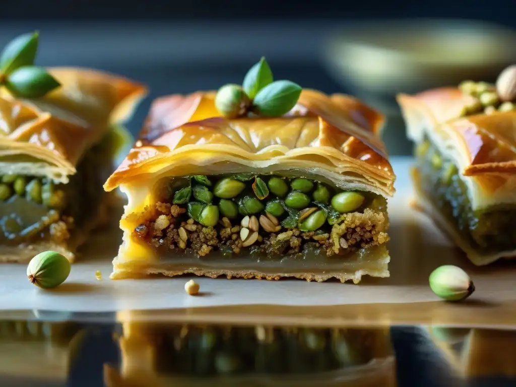 Una exquisita baklava recién horneada con capas doradas de hojaldre y frutos secos, bañada en miel