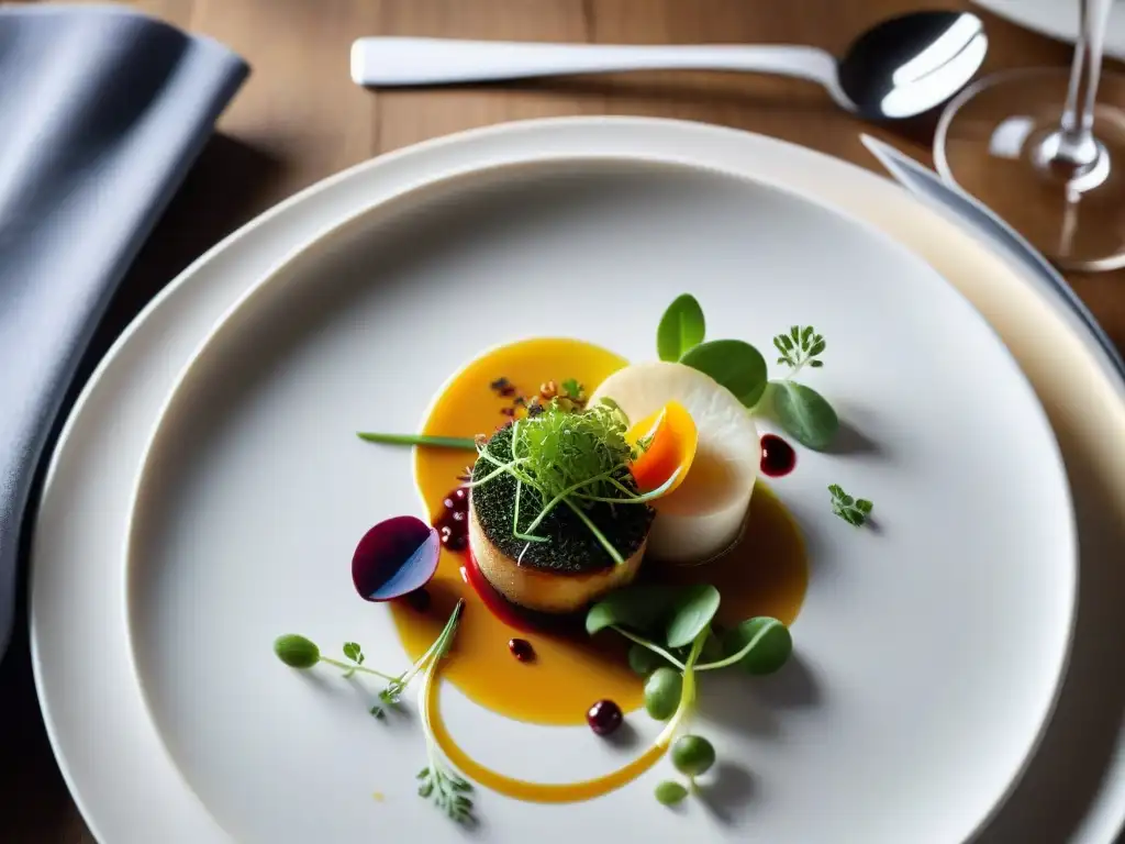 Exquisita influencia del diseño francés en la gastronomía con un plato meticulosamente decorado y elegante