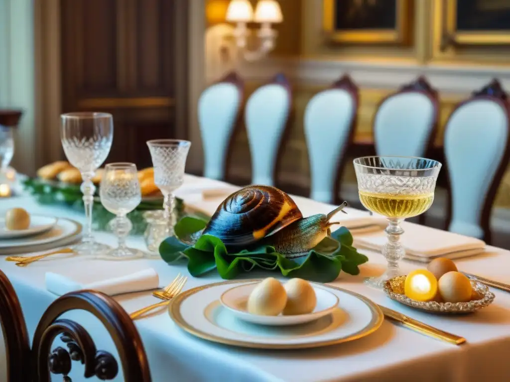 Exquisita mesa de banquete del siglo XIX en Francia, con vajilla lujosa y elegantes invitados