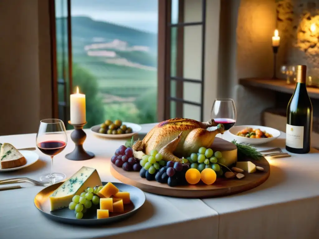 Exquisita mesa de cena con Vinos LanguedocRosellón en la cena, luces de velas y deliciosa comida mediterránea