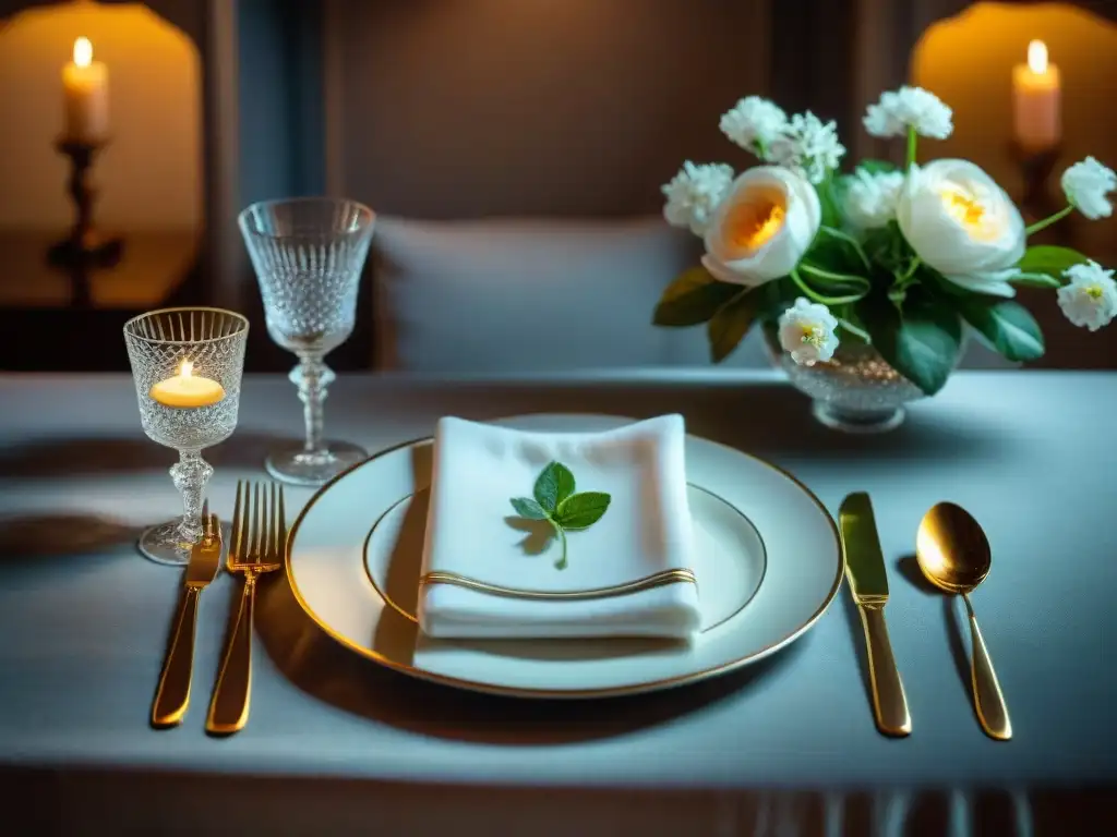 Exquisita mesa de comedor francesa con vajilla y cubertería de lujo, iluminada por velas