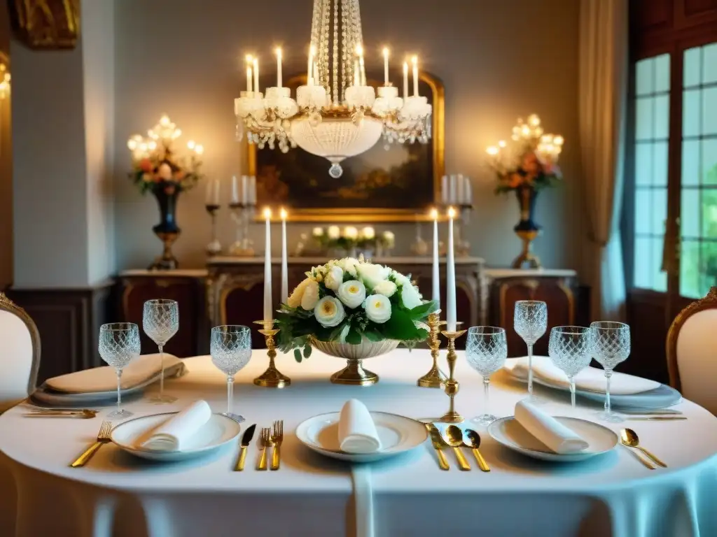 Exquisita mesa de comedor en un gran castillo francés, con vajilla de Limoges y cubiertos de plata, para cursos de cocina francesa avanzados