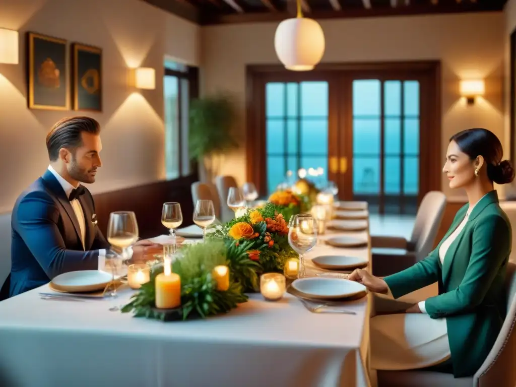 Exquisita mesa de comedor con platos de fusión culinaria francesa, elegancia y refinamiento en cada detalle