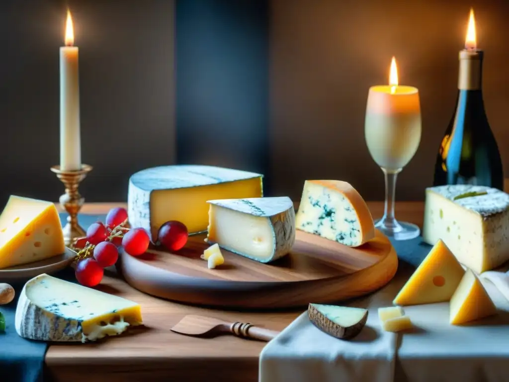 Una exquisita mesa de madera rústica con una variedad de quesos franceses como Brie, Roquefort y Camembert, acompañados de vinos en copas de cristal