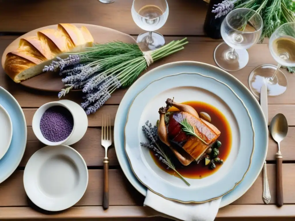 Una exquisita mesa de platos franceses tradicionales en un entorno rústico, bañada por luz natural