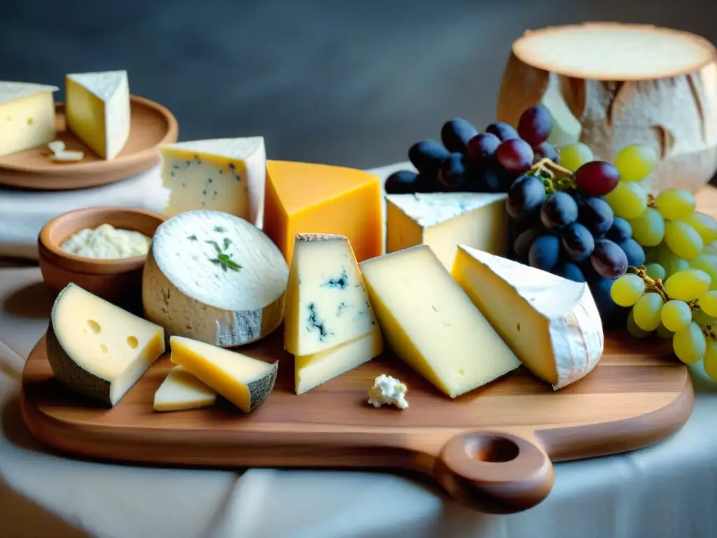 Exquisita mesa con quesos y vinos franceses tradicionales en una elegante presentación gastronómica