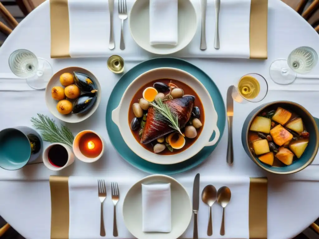 Exquisita mesa en restaurante francés: coq au vin, ratatouille, bouillabaisse y crème brûlée, maridados con vinos