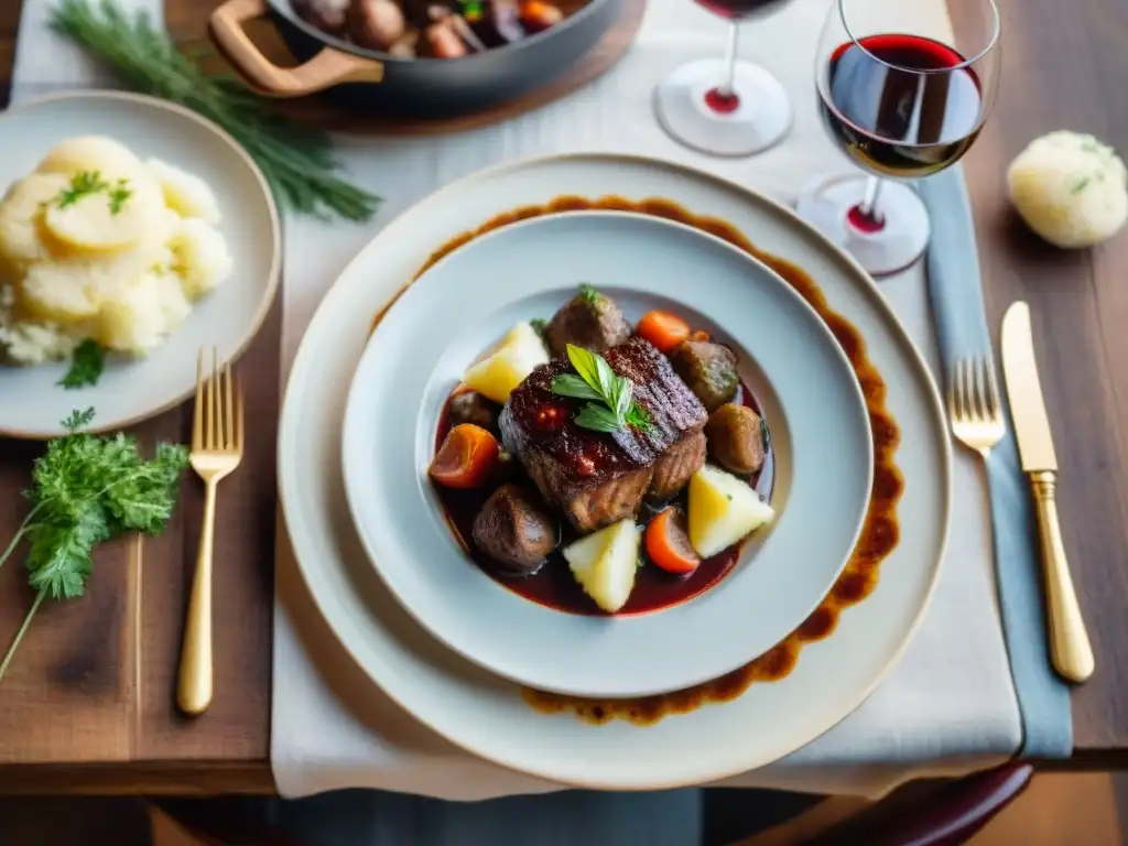 Exquisita mesa con vino tinto y Boeuf Bourguignon francés, iluminada suavemente