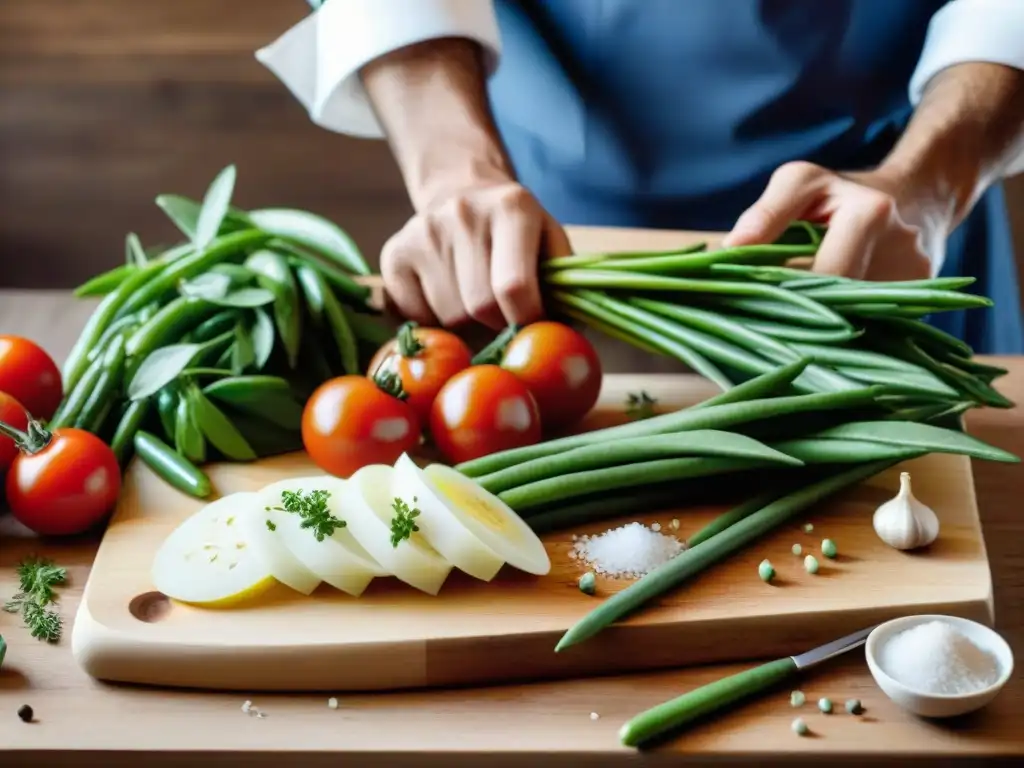 Una exquisita mezcla de ingredientes frescos de cocina francesa sobre tabla de corte rústica