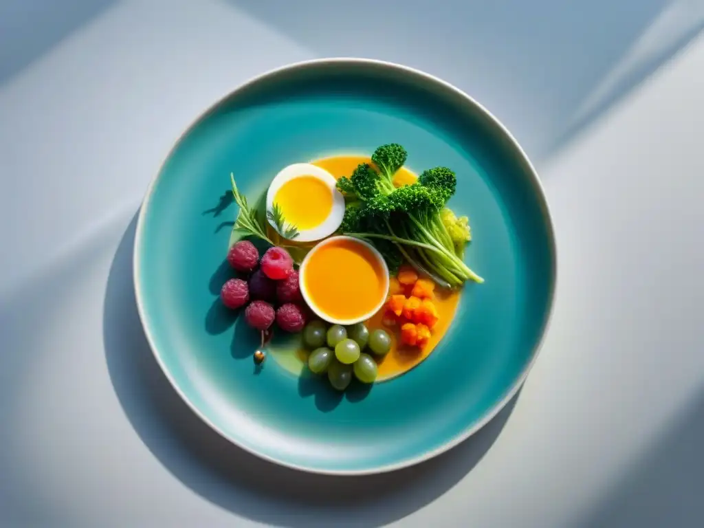 Una exquisita obra de arte culinaria de la nouvelle cuisine francesa innovadora, con colores vibrantes y técnicas de presentación intrincadas