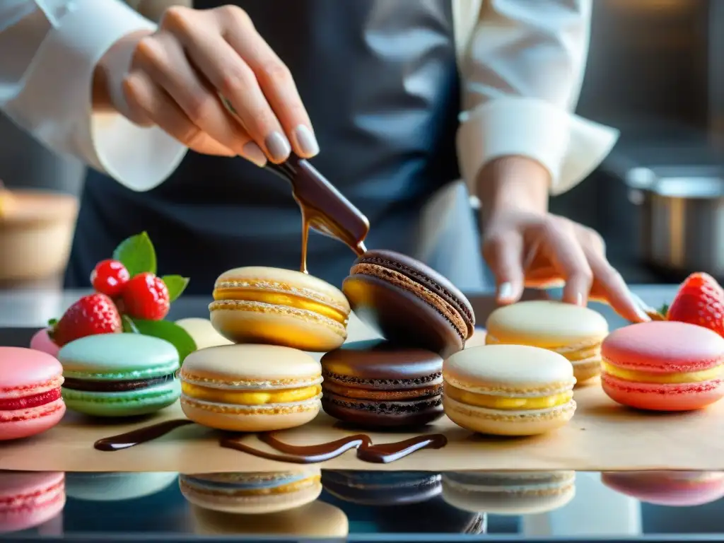 Exquisita pastelería francesa siendo decorada con chocolate brillante en una cocina profesional