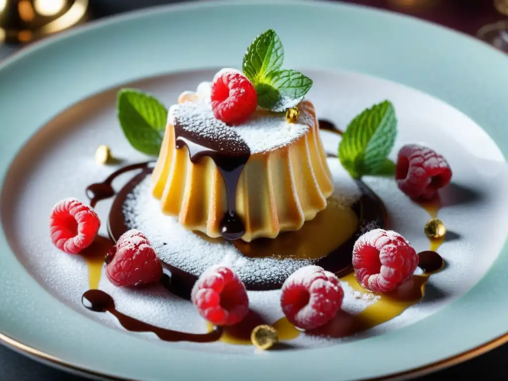Exquisito postre francés gourmet con detalles dorados Presentación exquisita de postres franceses gourmet con detalles de oro comestible y frambuesas frescas