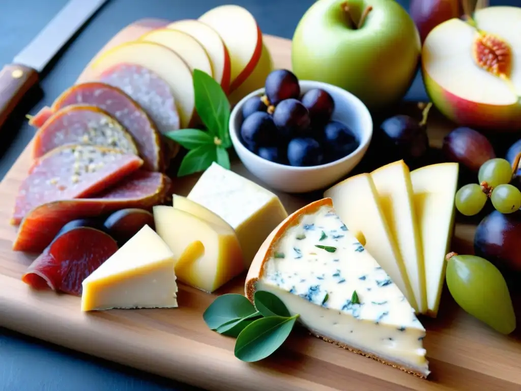 Una exquisita presentación en la cocina francesa: tablero de embutidos, quesos, frutas y baguettes sobre madera rústica