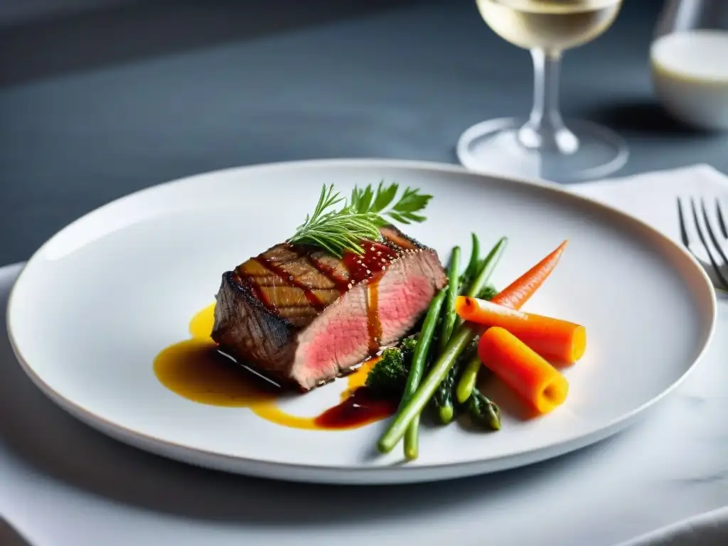 Una exquisita presentación de cocina al vacío para ocasiones especiales, destacando carne jugosa y verduras vibrantes en un plato blanco