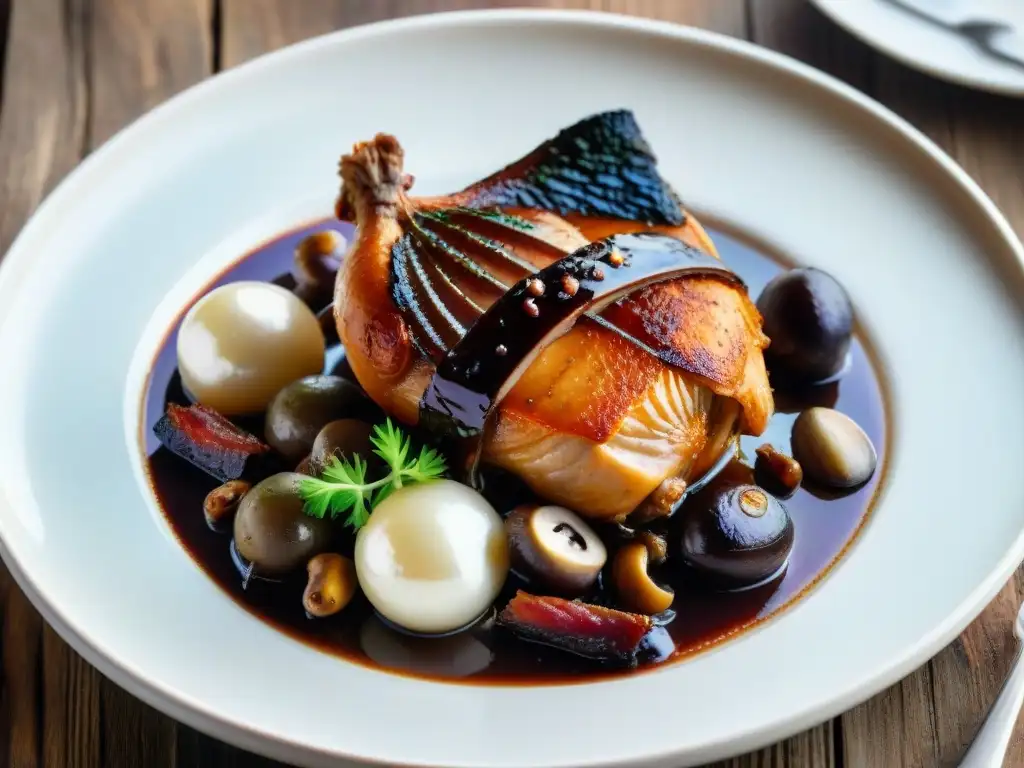 Una exquisita presentación de Coq au Vin, resaltando la belleza de los platos clásicos franceses