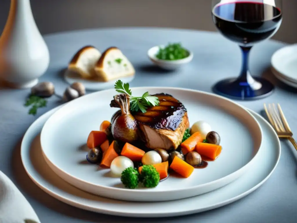 Una exquisita presentación de coq au vin en plato francés, con vino tinto y baguette