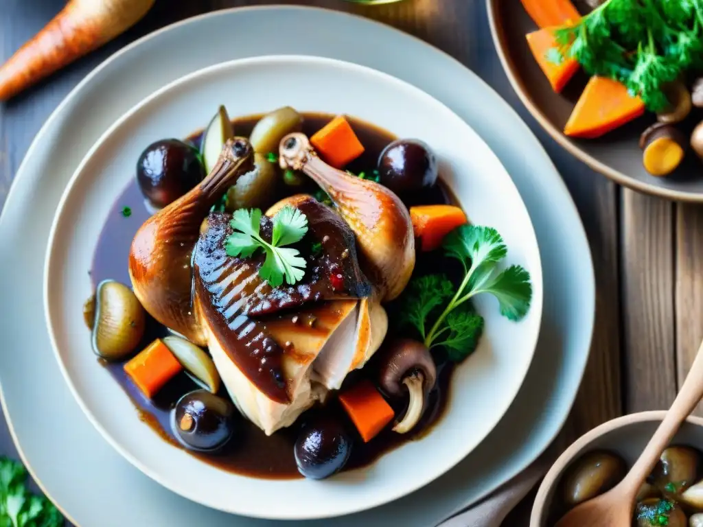 Una exquisita presentación de Coq au Vin en una mesa rústica con libro de cocina francés, evocando la gastronomía francesa tradicional moderna