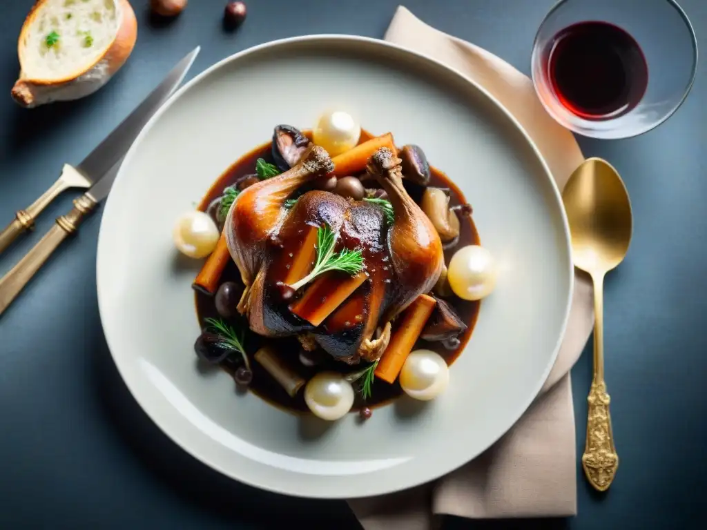 Deléitate con la exquisita presentación de un Coq au Vin, plato tradicional de la cocina francesa que revela los secretos de Paul Bocuse