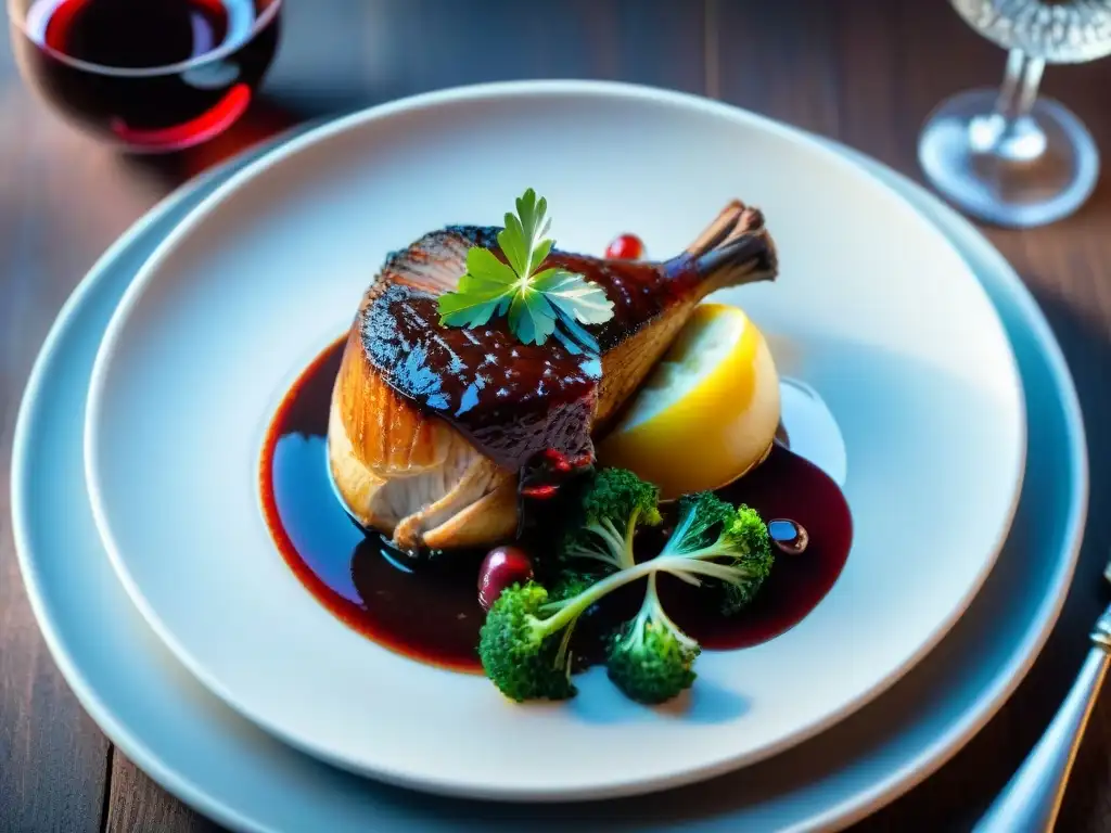 Una exquisita presentación de Coq au Vin en un plato decorado con hierbas frescas, salsa de vino tinto brillante y elegante vajilla