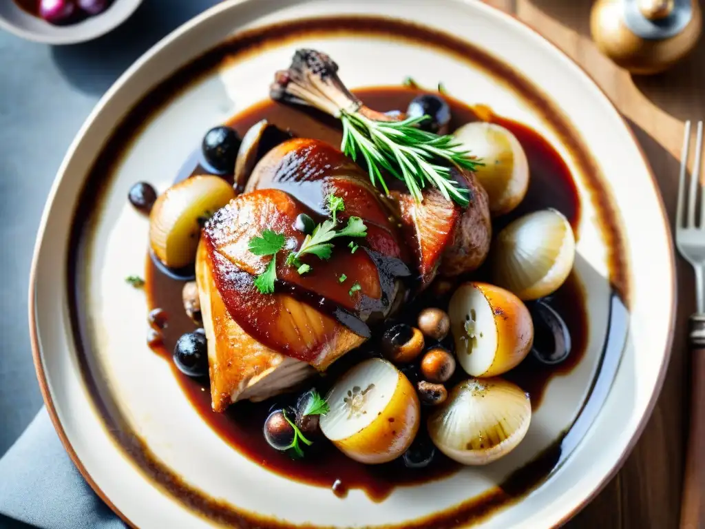 Exquisita presentación de Coq au Vin, destacando las innovaciones culinarias francesas en fotografía de alimentos