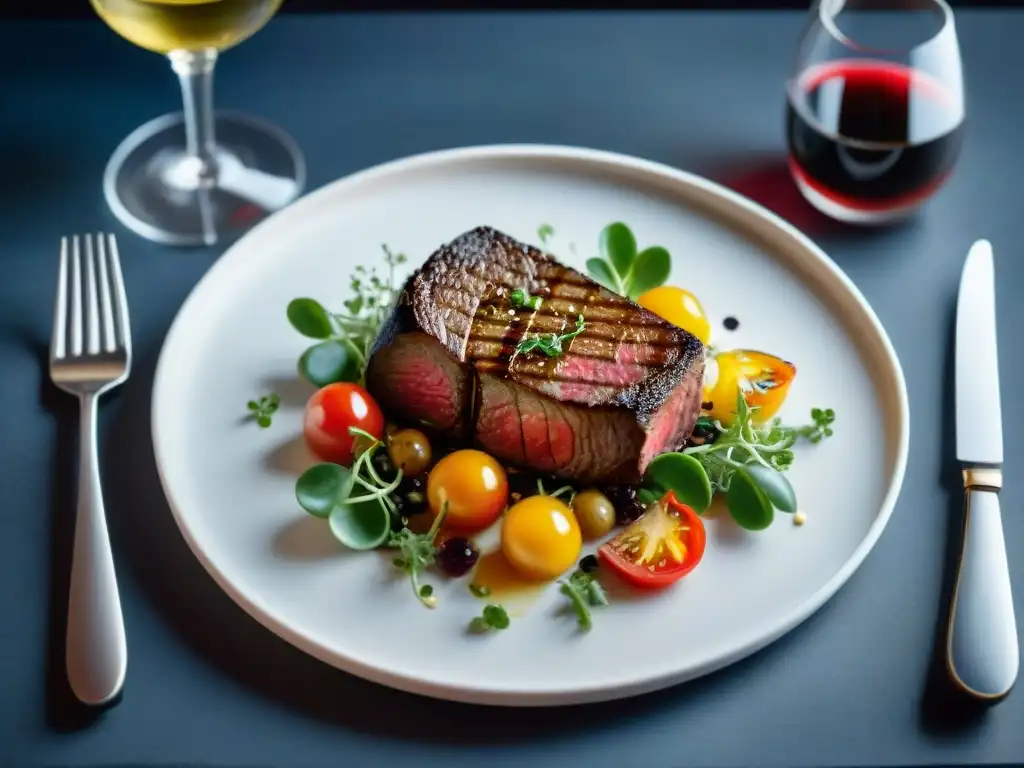 Armonía culinaria: Delicia gourmet con contrastes vibrantes Una exquisita presentación de plato, armoniosa y detallada, con colores y texturas vibrantes
