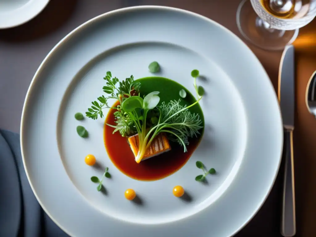 Exquisita presentación de un plato francés en Restaurante Estrella Michelin en Francia