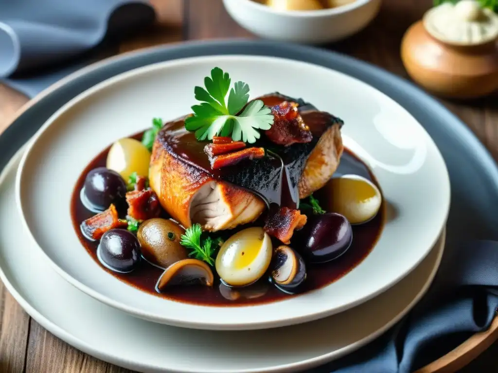 Exquisita presentación de platos franceses innovadores con Coq au Vin meticulosamente preparado