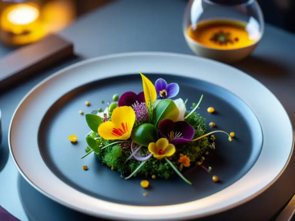 Exquisita presentación de platos de gastronomía francesa con flores comestibles y microgreens en restaurante con estrella Michelin